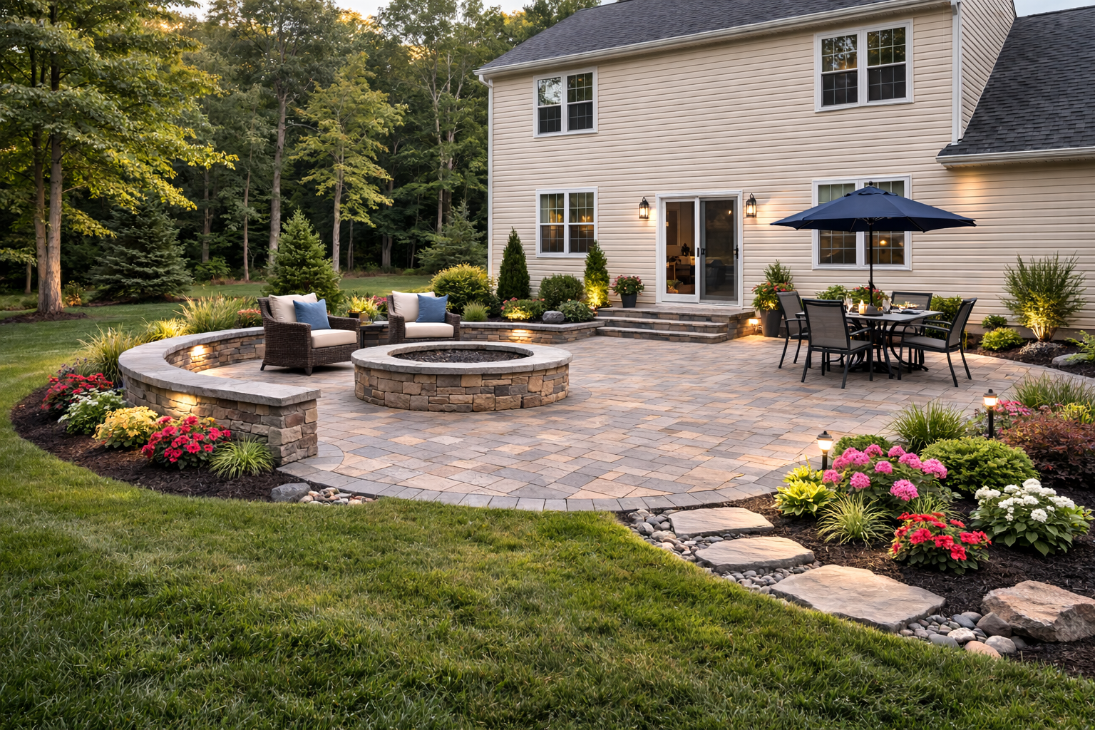 After: stunning paver patio with fire pit, seating wall, and landscaping